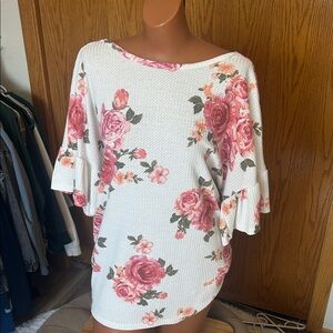 Floral Scoop Neck Ruffle Sleeve Blouse - White/Pink